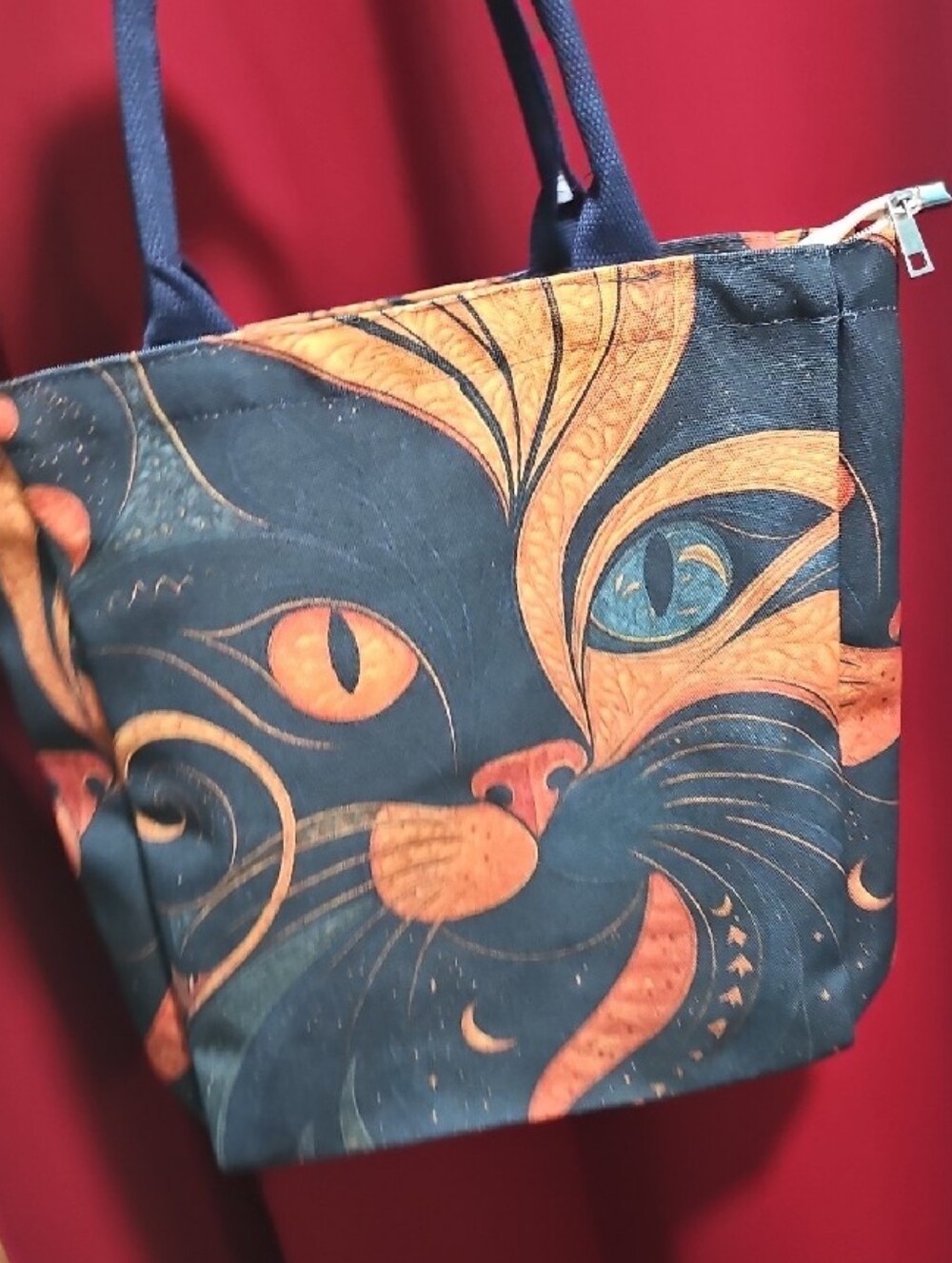 Navy & Orange Cat Print Tote Bag